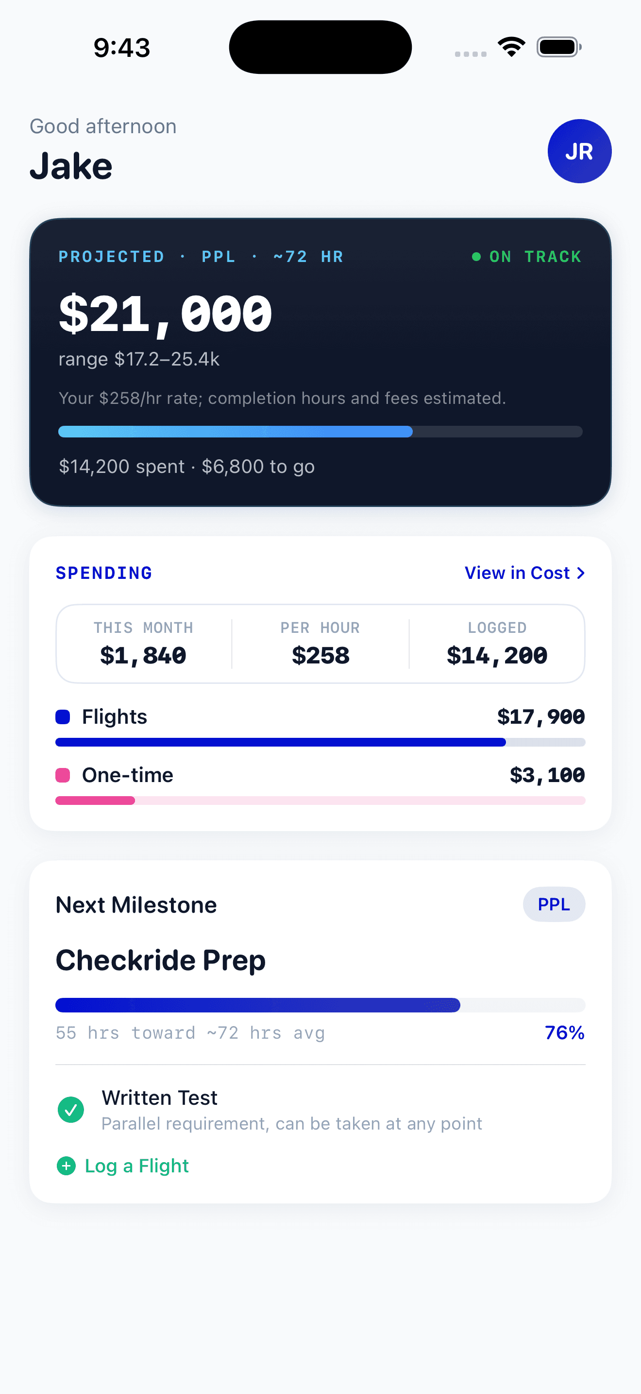 PilotBound home screen: projected cost on track, the spending breakdown, and the next checkride milestone