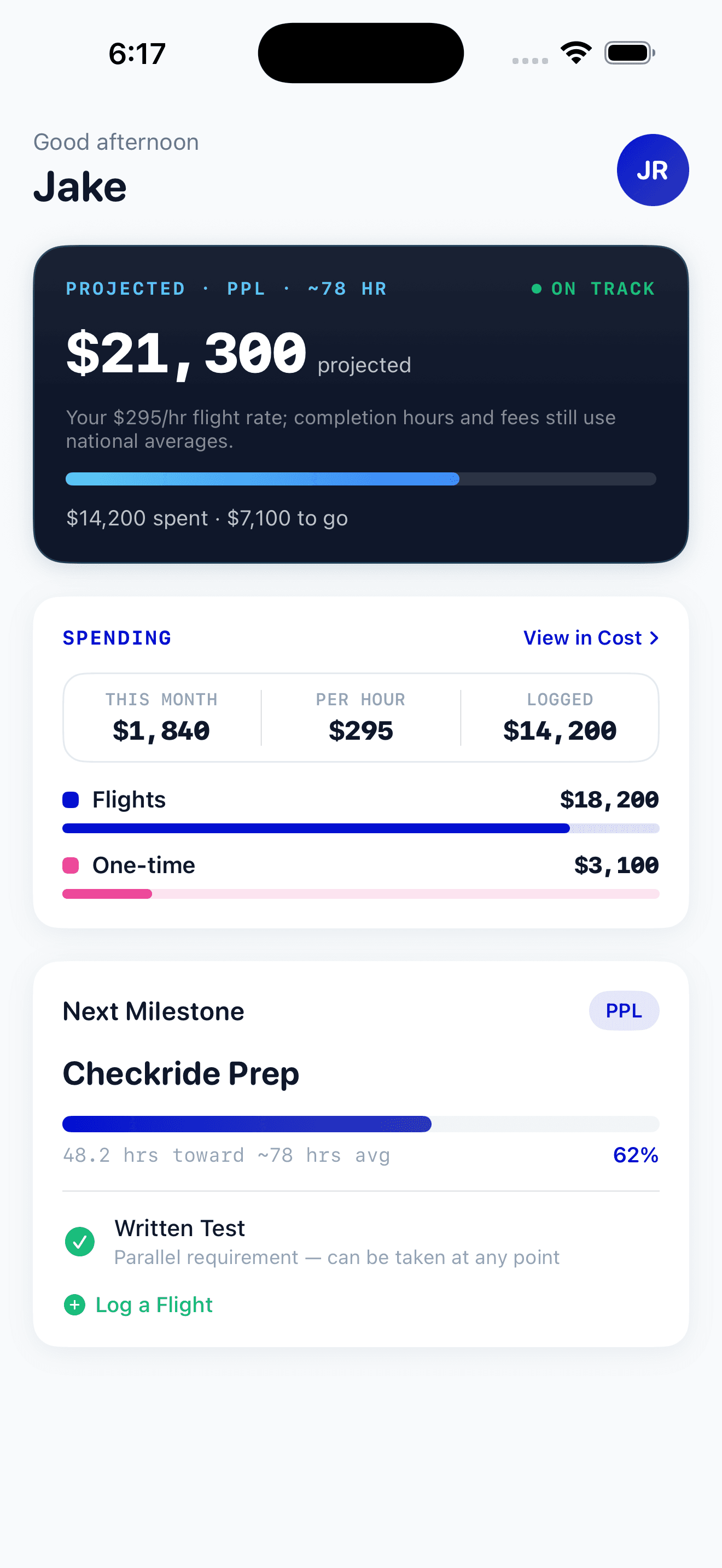 PilotBound home screen: projected cost on track, the spending breakdown, and the next checkride milestone