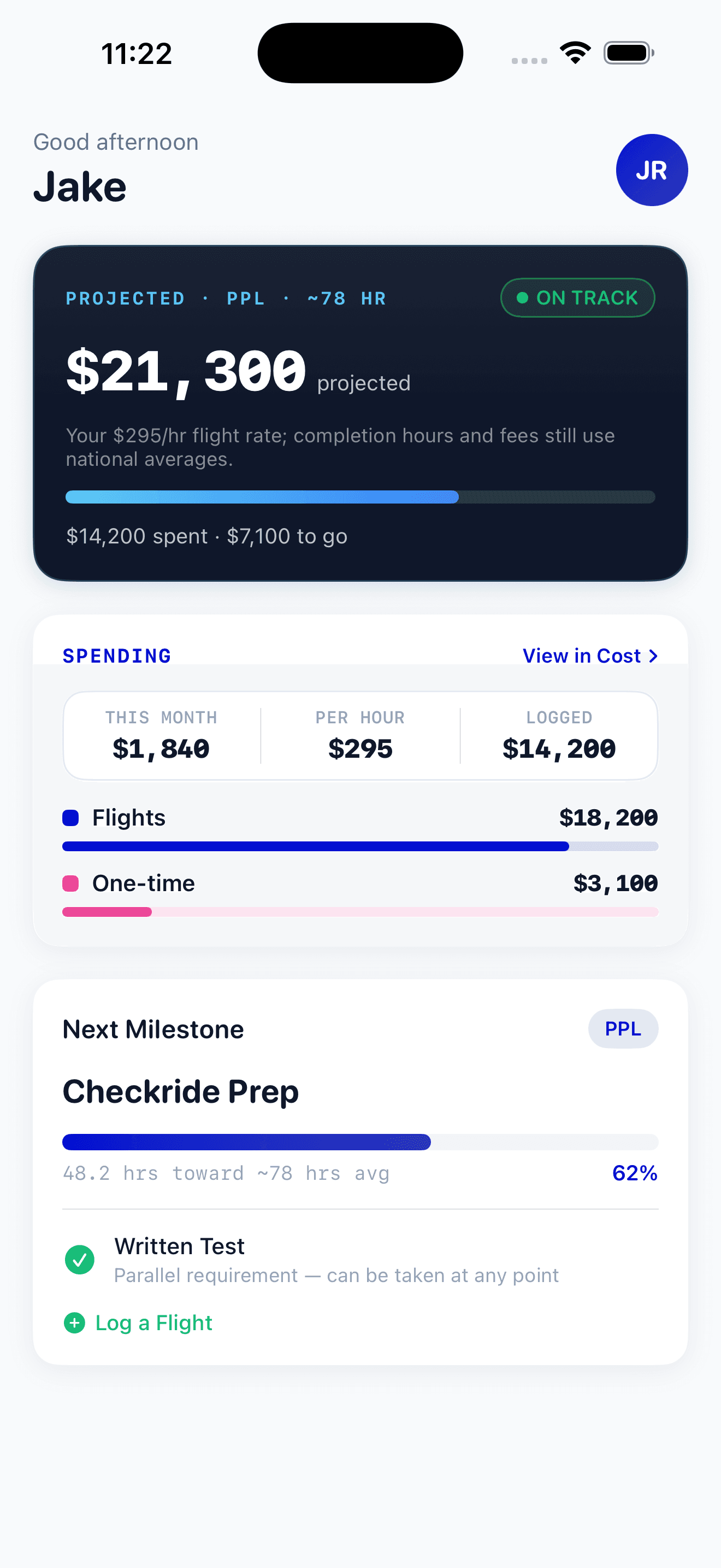 PilotBound home screen showing a PPL cost projection, spending breakdown, and the next milestone