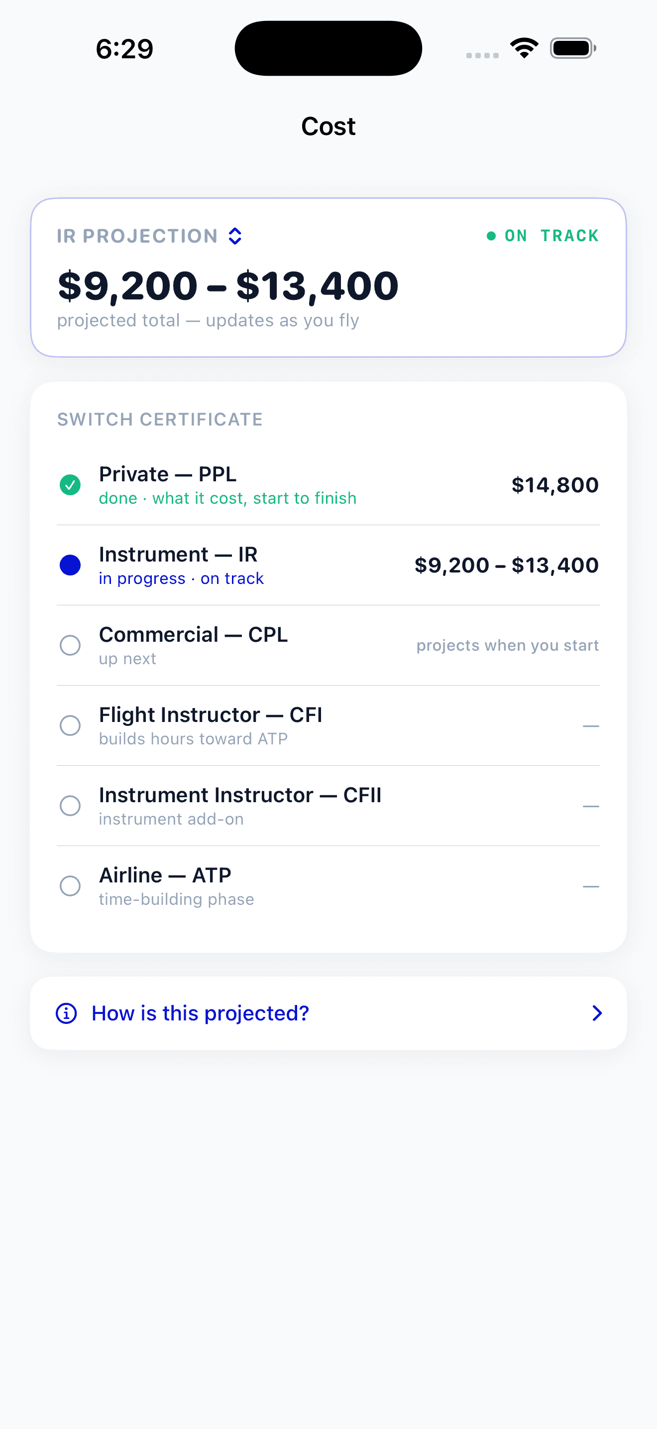 PilotBound certificate switcher showing Private through ATP, each with its own cost and status from done to in progress