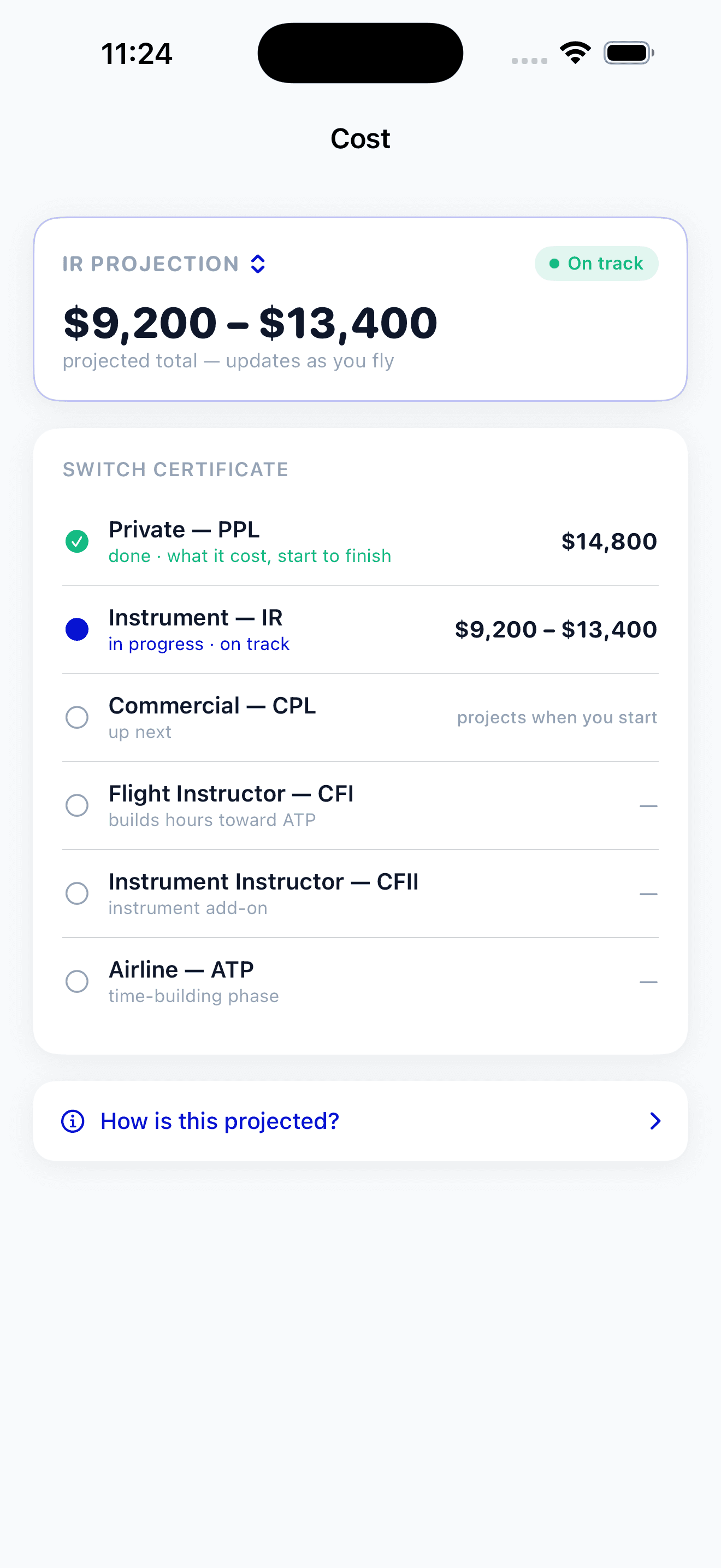 PilotBound certificate switcher showing Private through ATP, each with its own cost and status from done to in progress