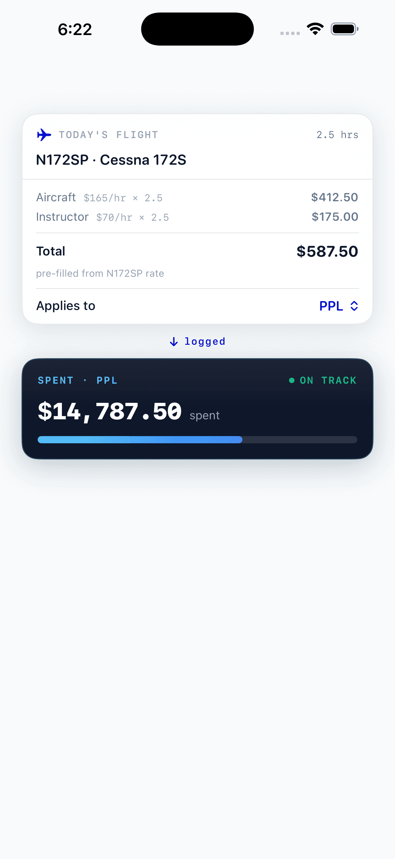 PilotBound log-a-flight card pre-filled from the aircraft and instructor rates, with the spent total updating on the panel below