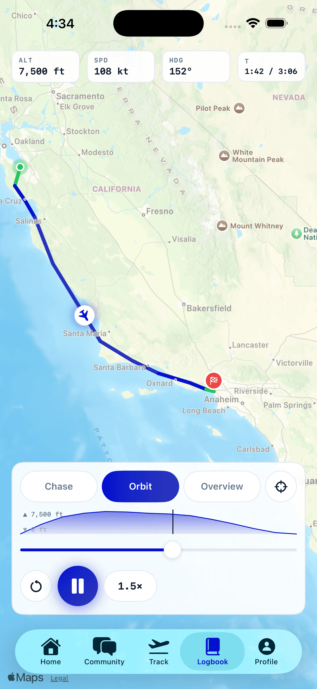 3D flight replay with chase, orbit, and overview camera modes over real terrain