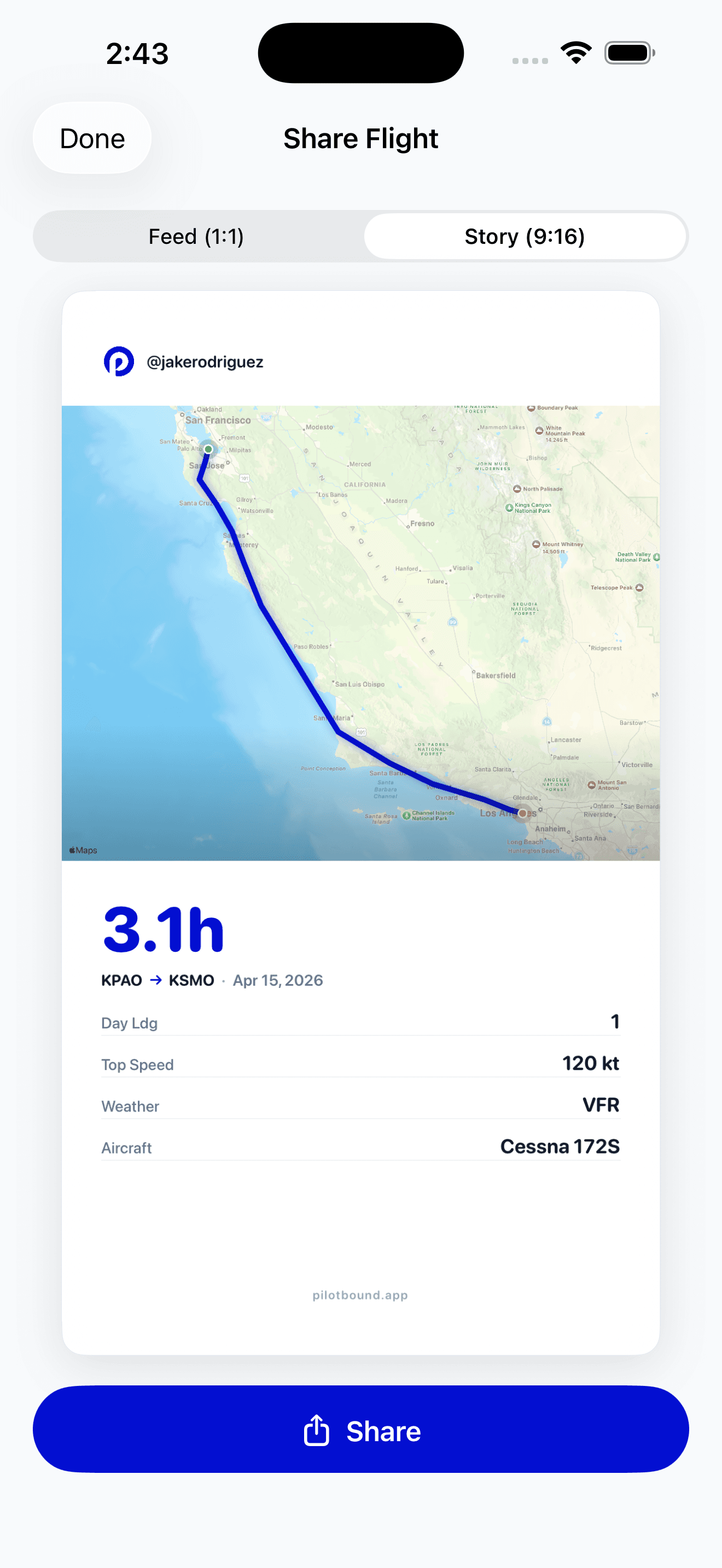 Share Flight composer with feed and story layout previews of a flight card