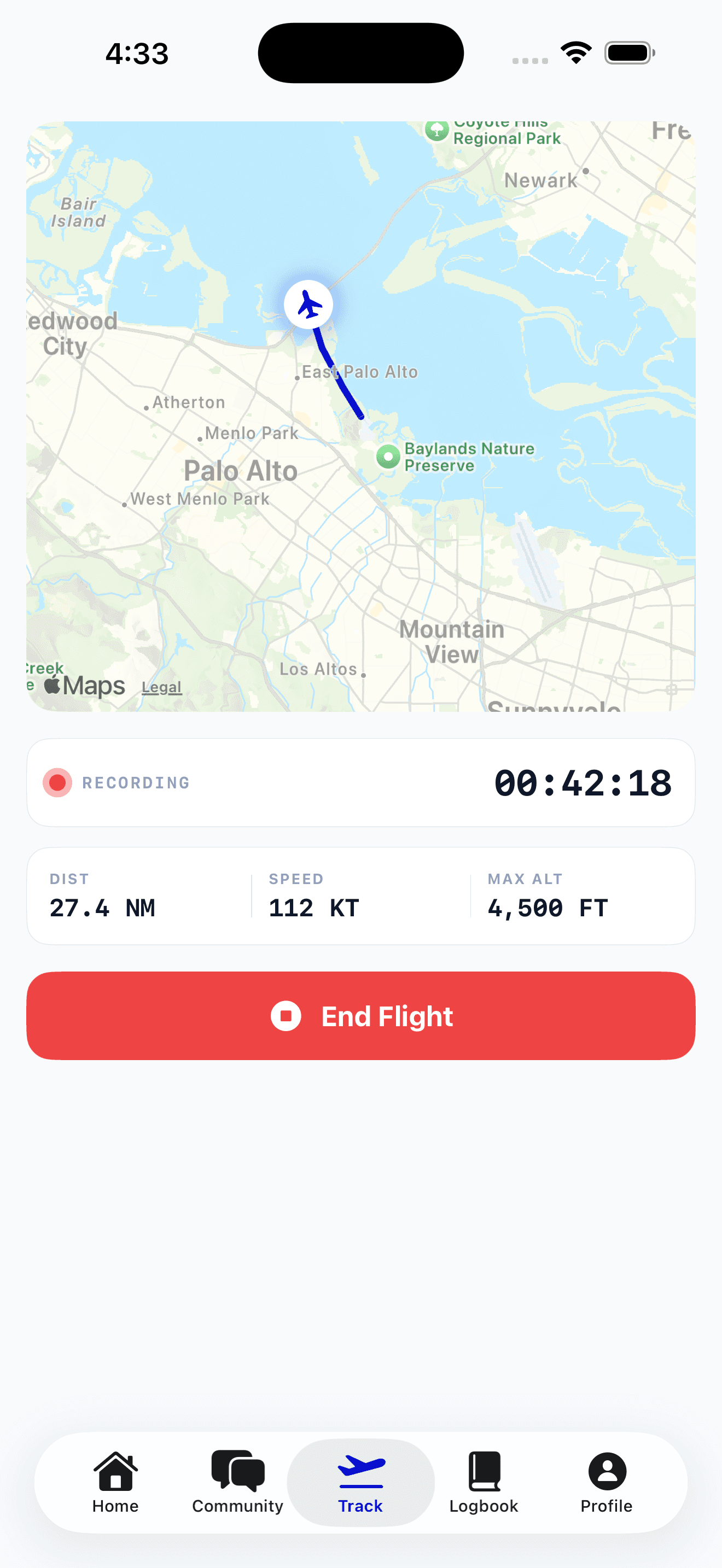 Live GPS flight tracking with recording timer, distance, speed, and altitude